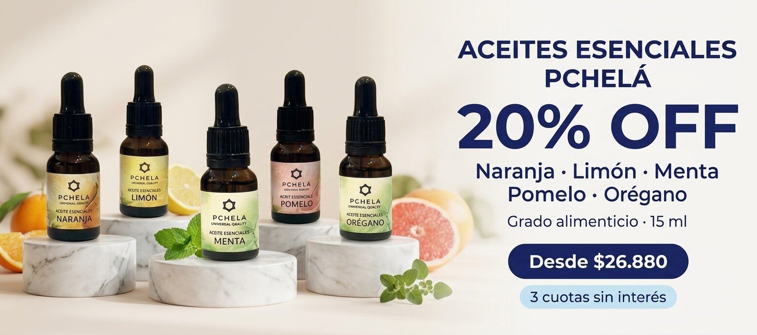 Aceites esenciales Pchelá 20% OFF: naranja, limón, menta, pomelo y orégano. Grado alimenticio, 15 ml. Desde $26.880, 3 cuotas sin interés